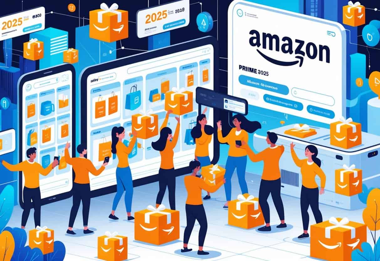 A busy futuristic shopping scene with people browsing products, digital screens showing deals, and delivery drones carrying packages in a modern city.