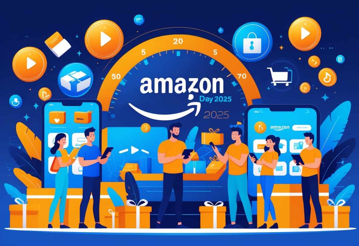 A group of diverse people using devices to shop online with icons representing fast shipping, exclusive deals, and streaming benefits, alongside a countdown timer for a special shopping event.