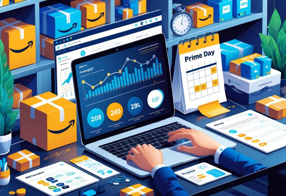 A workspace with a laptop showing sales charts, packages with Amazon Prime logos, a calendar marked for Prime Day 2025, and a checklist being completed.